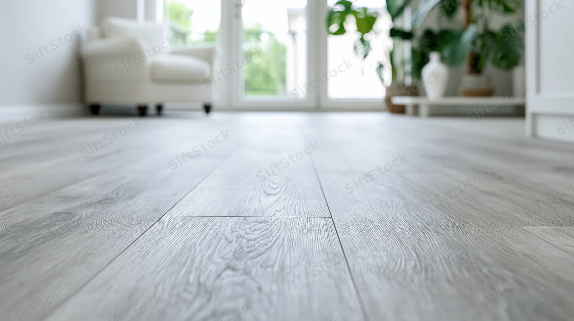 Low-angle view of pale grey wood-grain laminate flooring in a bright living room with sofa and plants visible in background