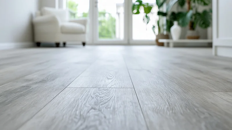 Low-angle view of pale grey wood-grain laminate flooring in a bright living room with sofa and plants visible in background