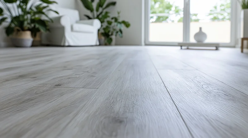 Low-angle view of pale grey wood-grain laminate flooring in a bright living room with plants and natural light