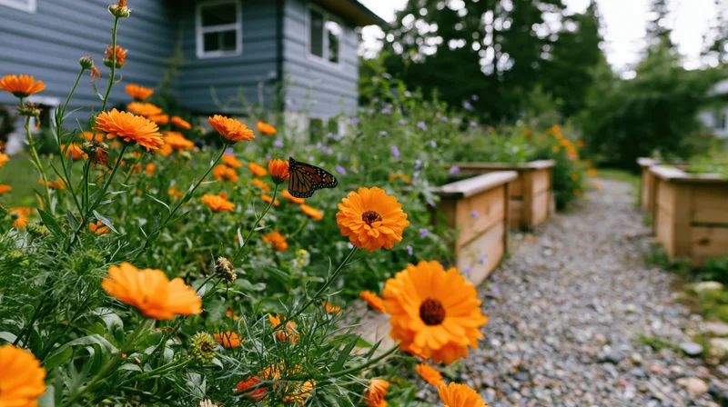 Monarch butterfly resting on orange flower along gravel garden path beside raised wooden beds and blue house