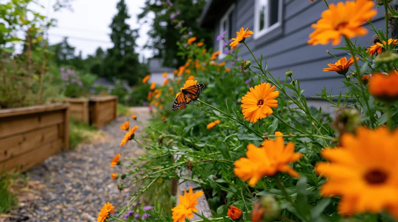 Monarch butterfly resting on orange flower along gravel garden path beside wooden raised beds and house siding