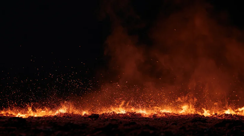 Low flames and flying embers burning along the ground at night