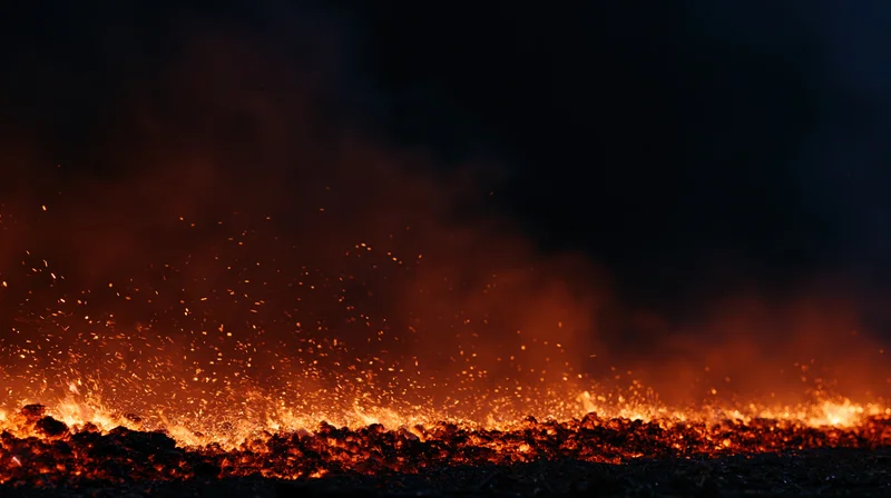 Low flames and flying embers burning along the bottom edge at night