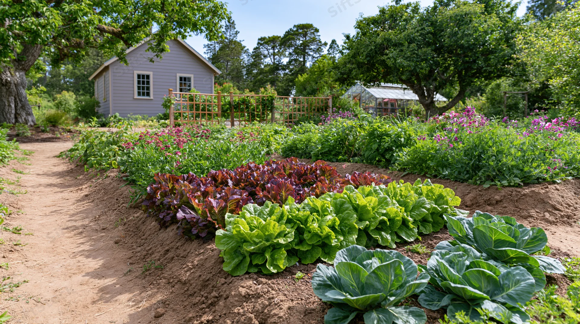 Rows of lettuce and cabbage in raised beds along a dirt path in a lush backyard garden
