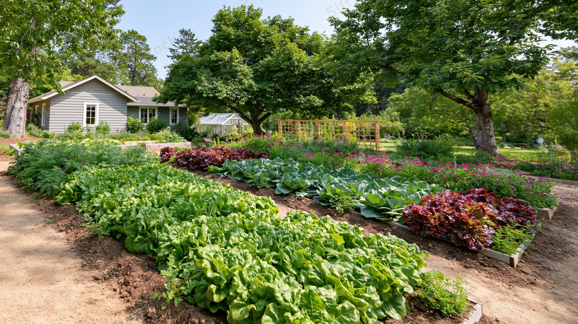 Rows of leafy green lettuce and red leaf lettuce in raised beds in a backyard garden with trees and a house in the background