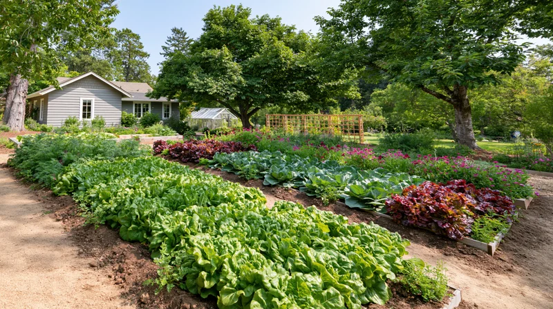 Rows of leafy green lettuce and red leaf lettuce in raised beds in a backyard garden with trees and a house in the background