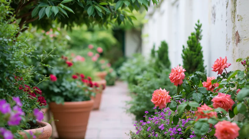 Garden pathway lined with potted roses and flowering shrubs along a white wall