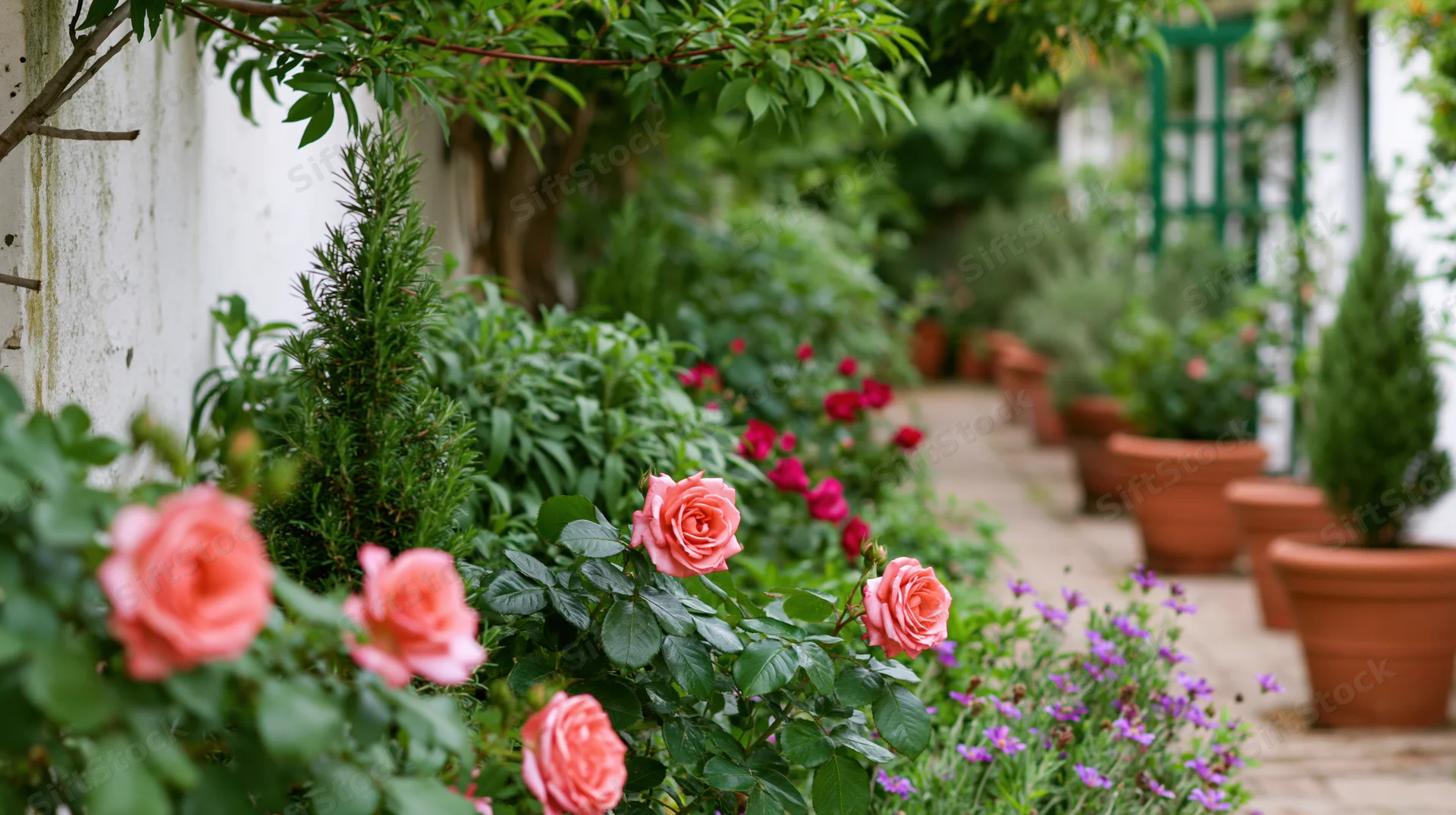 Lush garden pathway lined with blooming roses and potted plants in terracotta pots