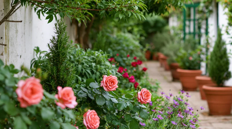 Lush garden pathway lined with blooming roses and potted plants in terracotta pots