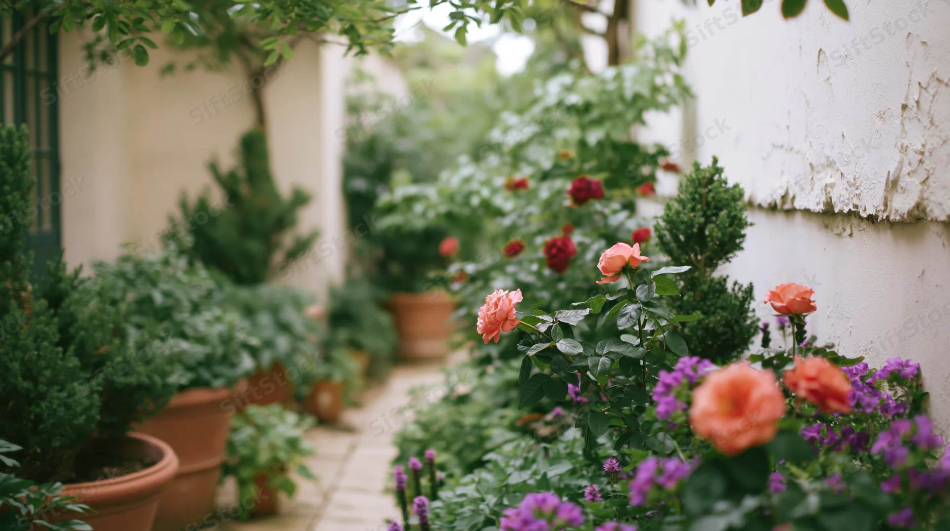 Garden pathway lined with potted plants and blooming roses flanked by greenery and white stucco walls