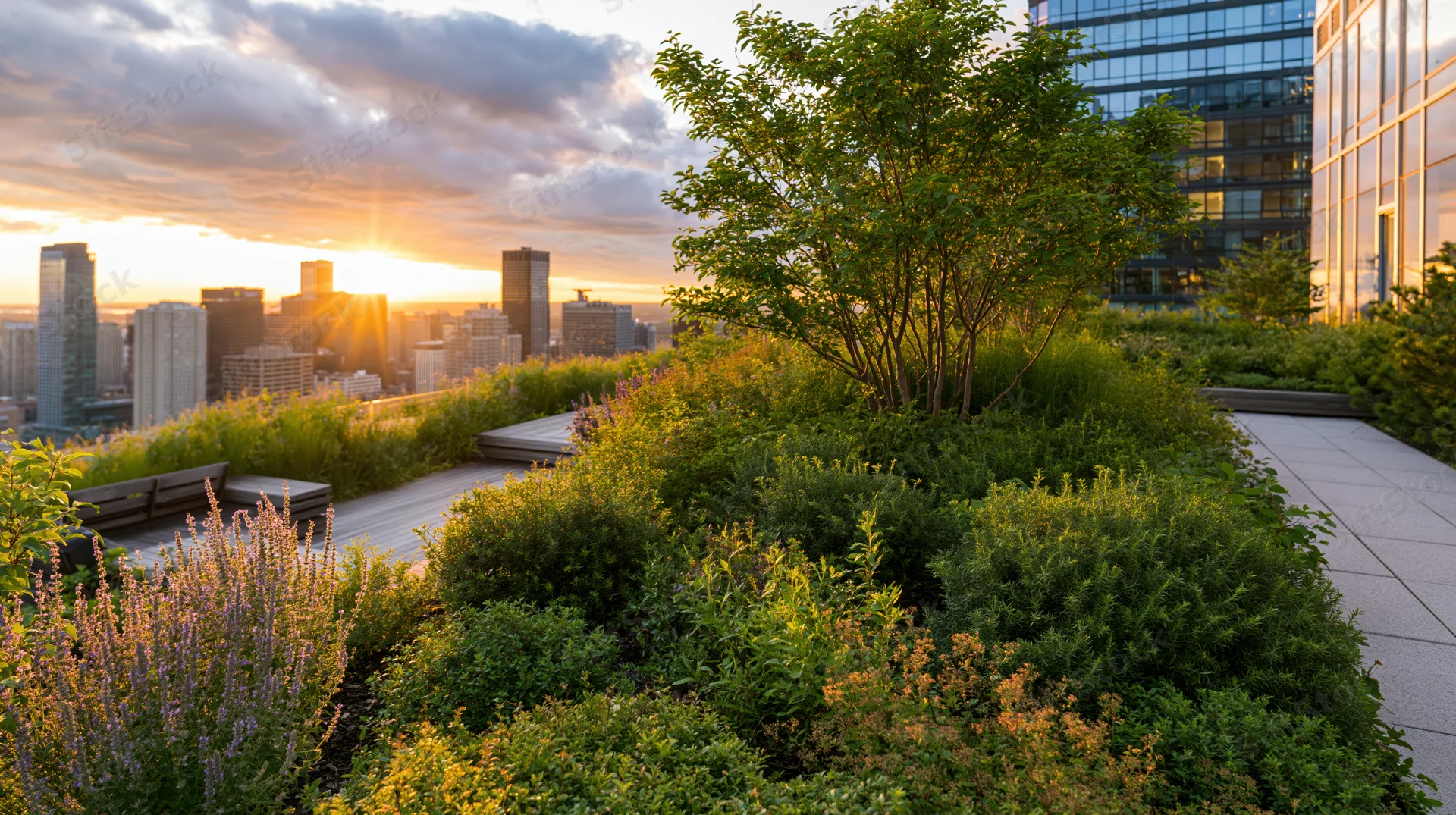 Lush rooftop garden with shrubs and trees overlooking city skyline at sunset