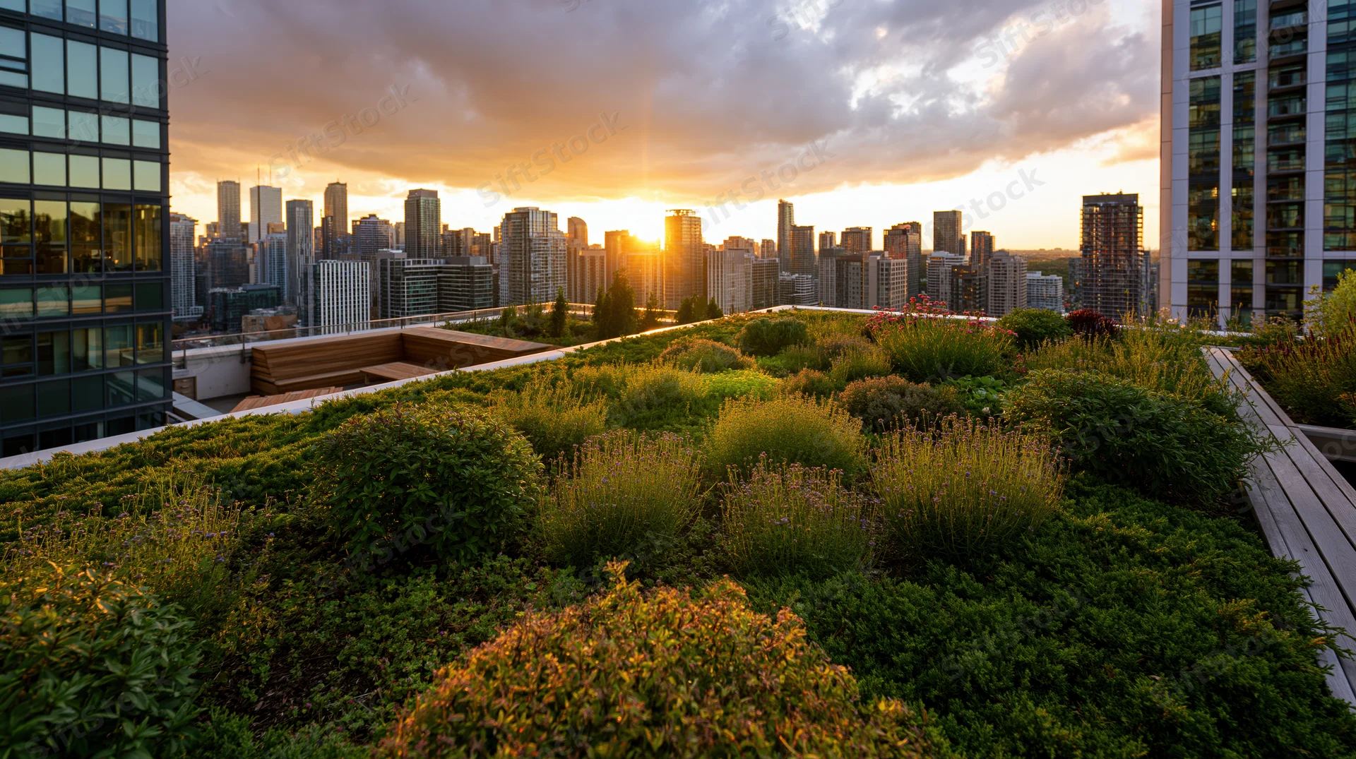 Lush rooftop garden with green plants and shrubs overlooking city skyline at sunset