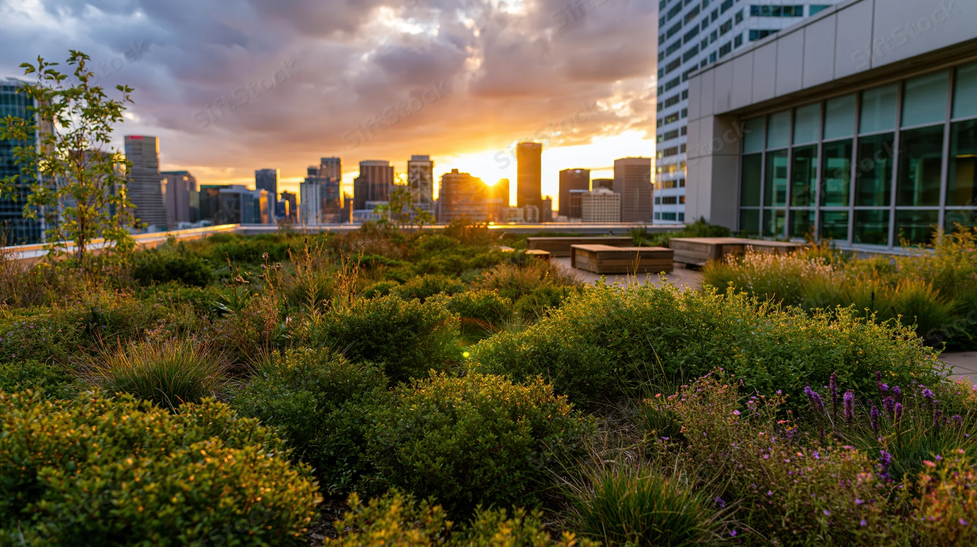 Lush rooftop garden with shrubs and flowers overlooking city skyline at sunset