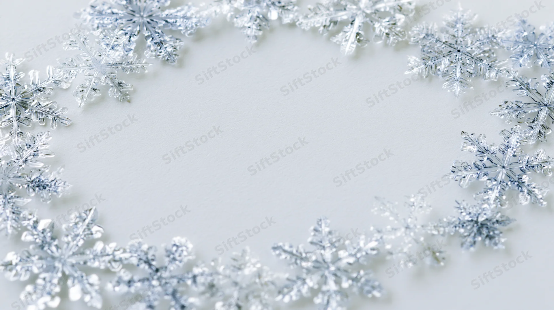 Snowflakes arranged in a circular frame on a white surface with copyspace in the center