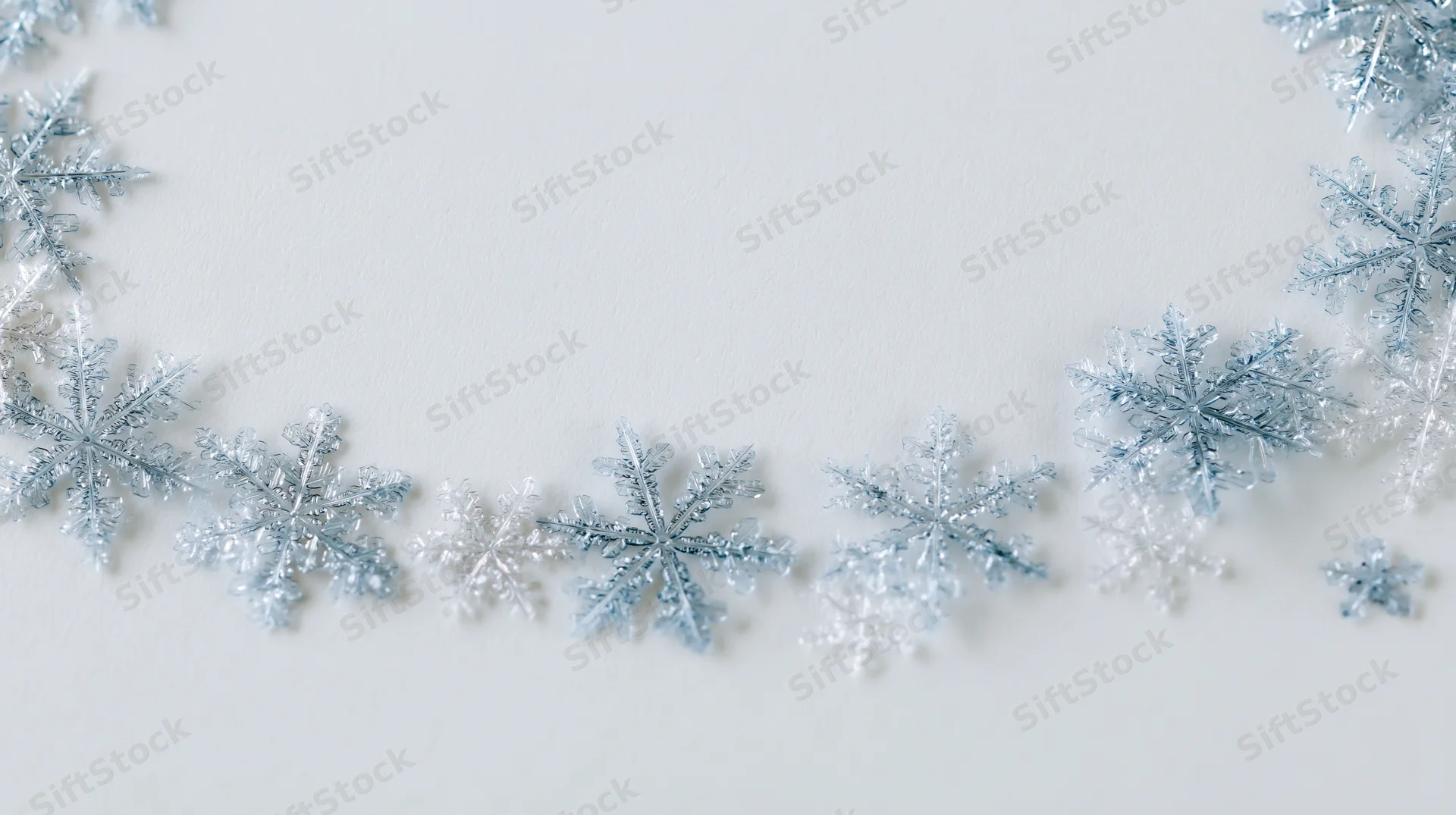 Glittery snowflakes arranged in a border on white surface with copyspace