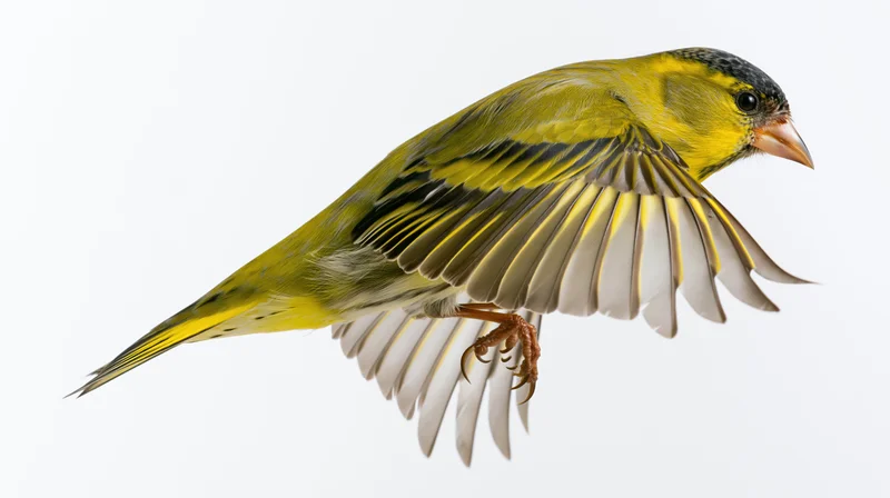 Male eurasian siskin in midflight with wings spread downward against white background