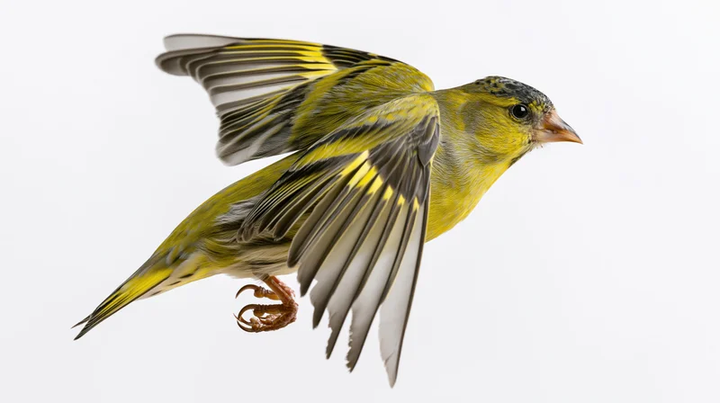 Male eurasian siskin in midflight with wings spread downward against white background
