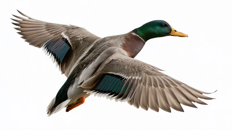 Male mallard duck in mid-flight with wings fully extended against white background