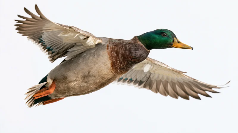 Male mallard duck in mid-flight with wings fully extended against white background