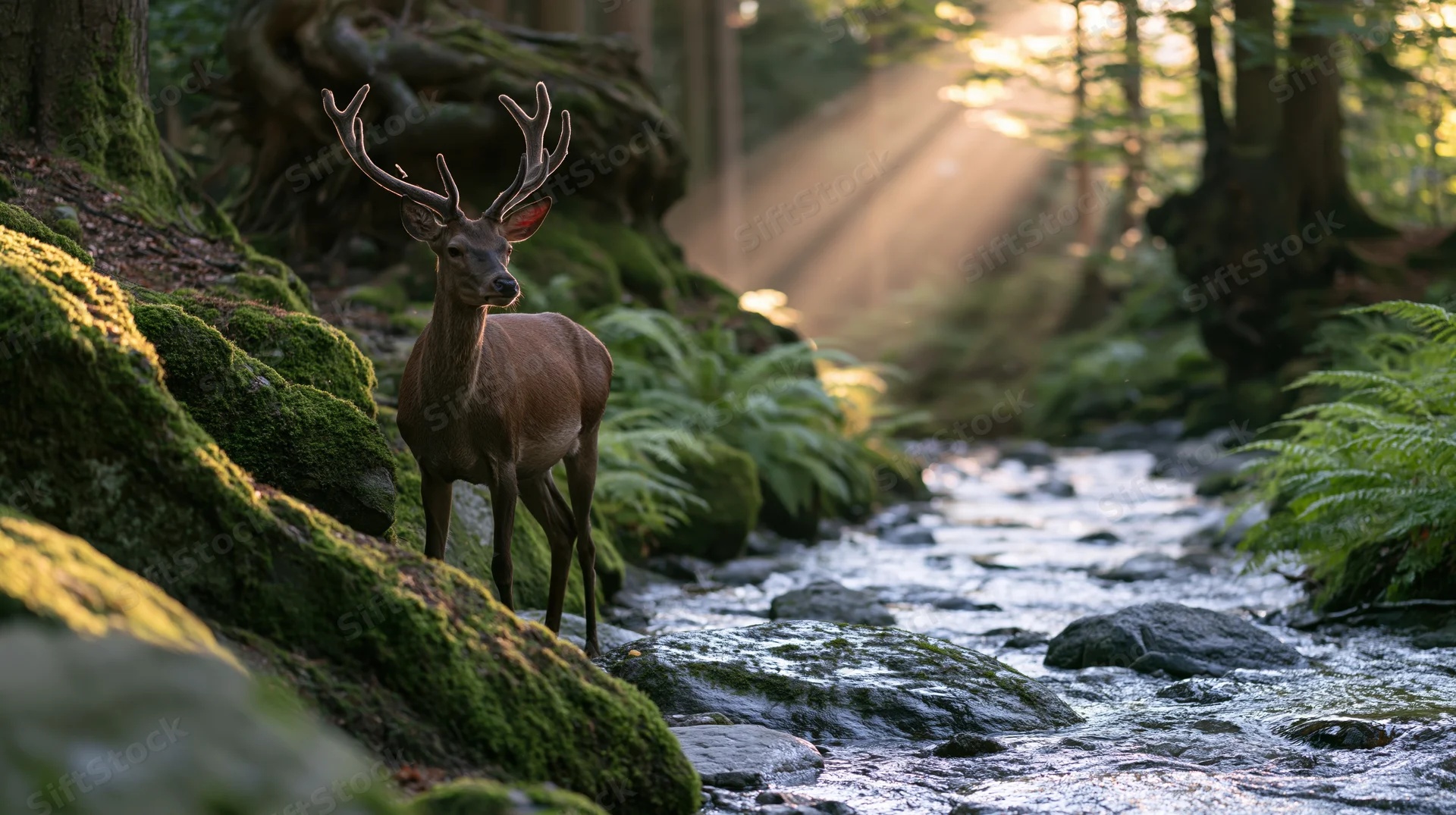 Male red deer with antlers standing alert beside a shallow forest stream at dawn