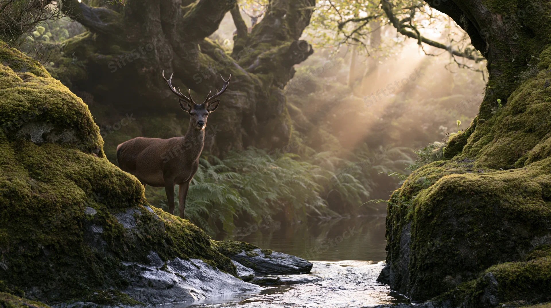 Male red deer with antlers standing alert beside a shallow stream in a mossy forest at dawn
