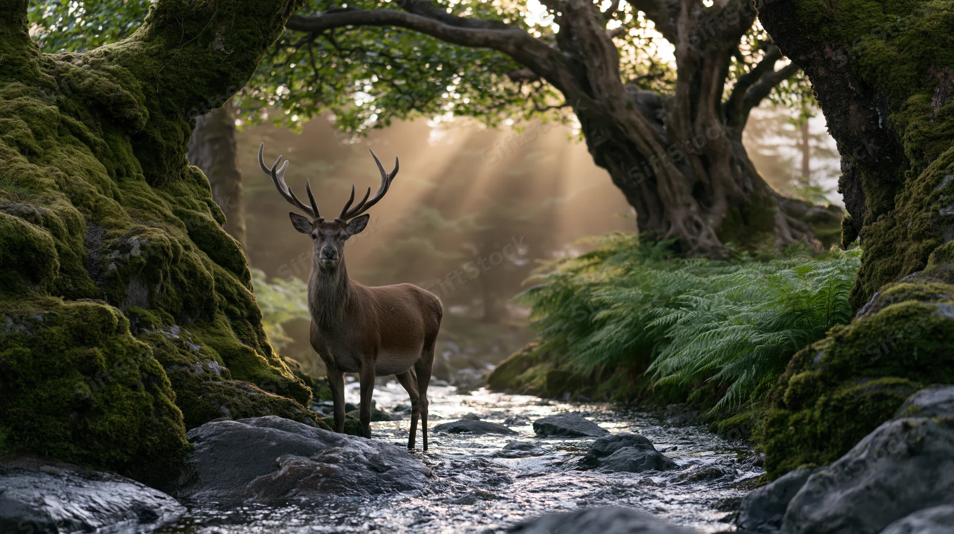 Male red deer with antlers standing alert beside a shallow stream in a mossy forest at dawn