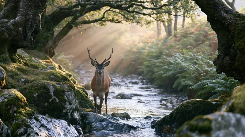 Male red deer with antlers standing alert beside shallow stream in mossy forest at sunrise
