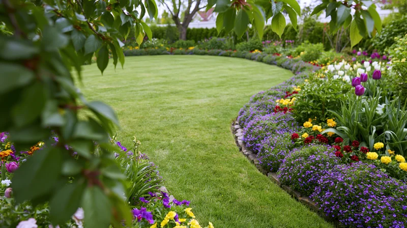 Curved manicured lawn bordered by colorful flowerbeds in a garden