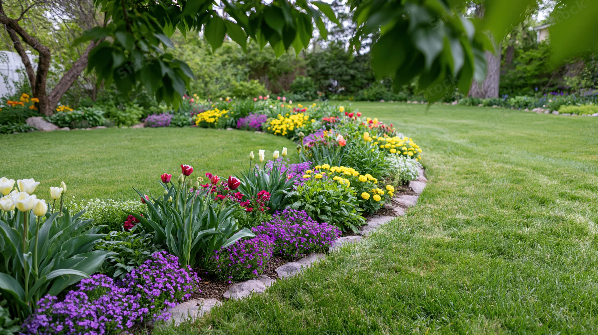 Curved lawn bordered by colorful flowerbeds in a manicured backyard garden
