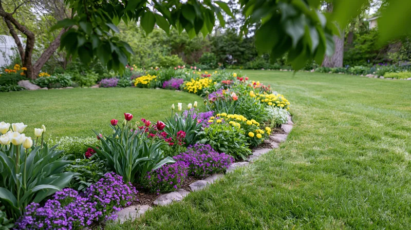 Curved lawn bordered by colorful flowerbeds in a manicured backyard garden