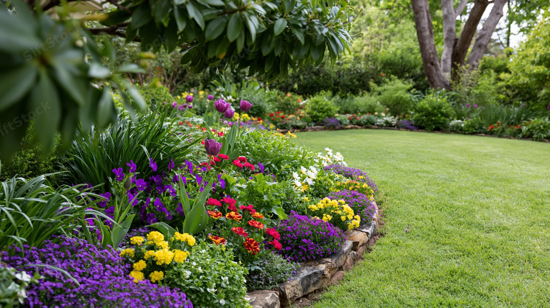 Curved lawn bordered by colorful flowerbeds in a manicured backyard garden