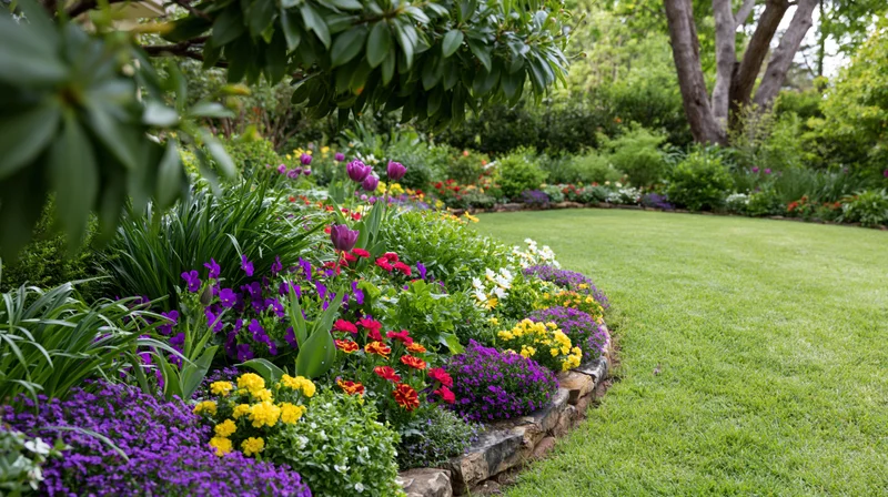 Curved lawn bordered by colorful flowerbeds in a manicured backyard garden