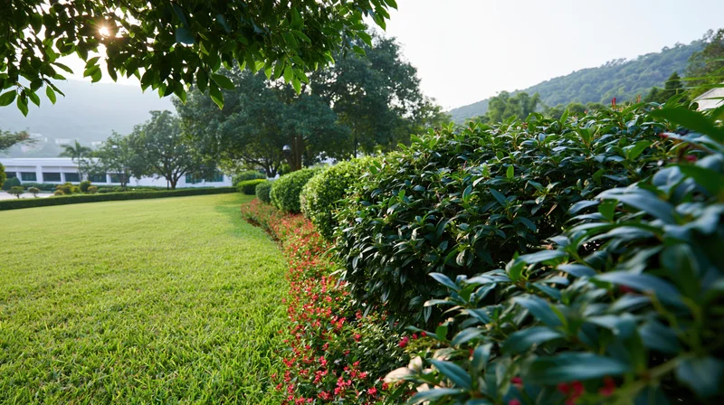 Manicured garden with sweeping green lawn and trimmed hedges under sunlight