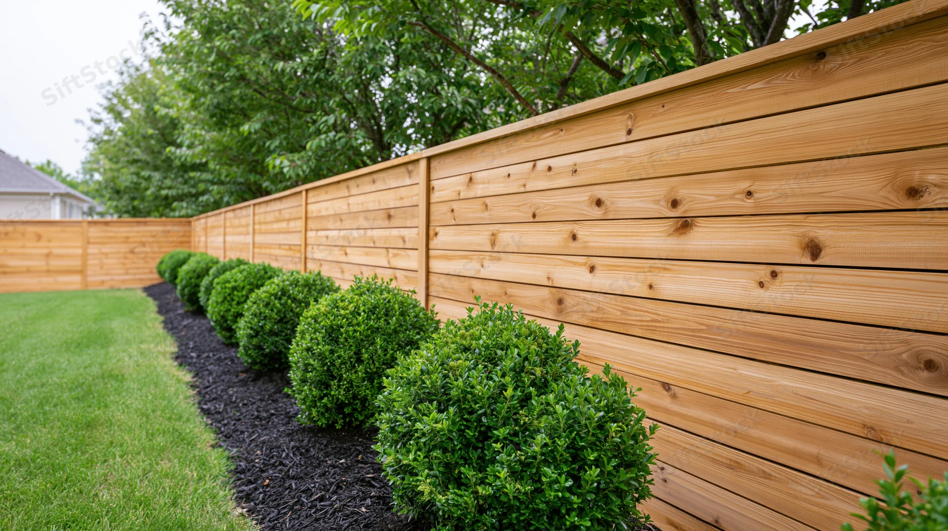 Long horizontal cedar fence with trimmed shrubs along a suburban backyard lawn