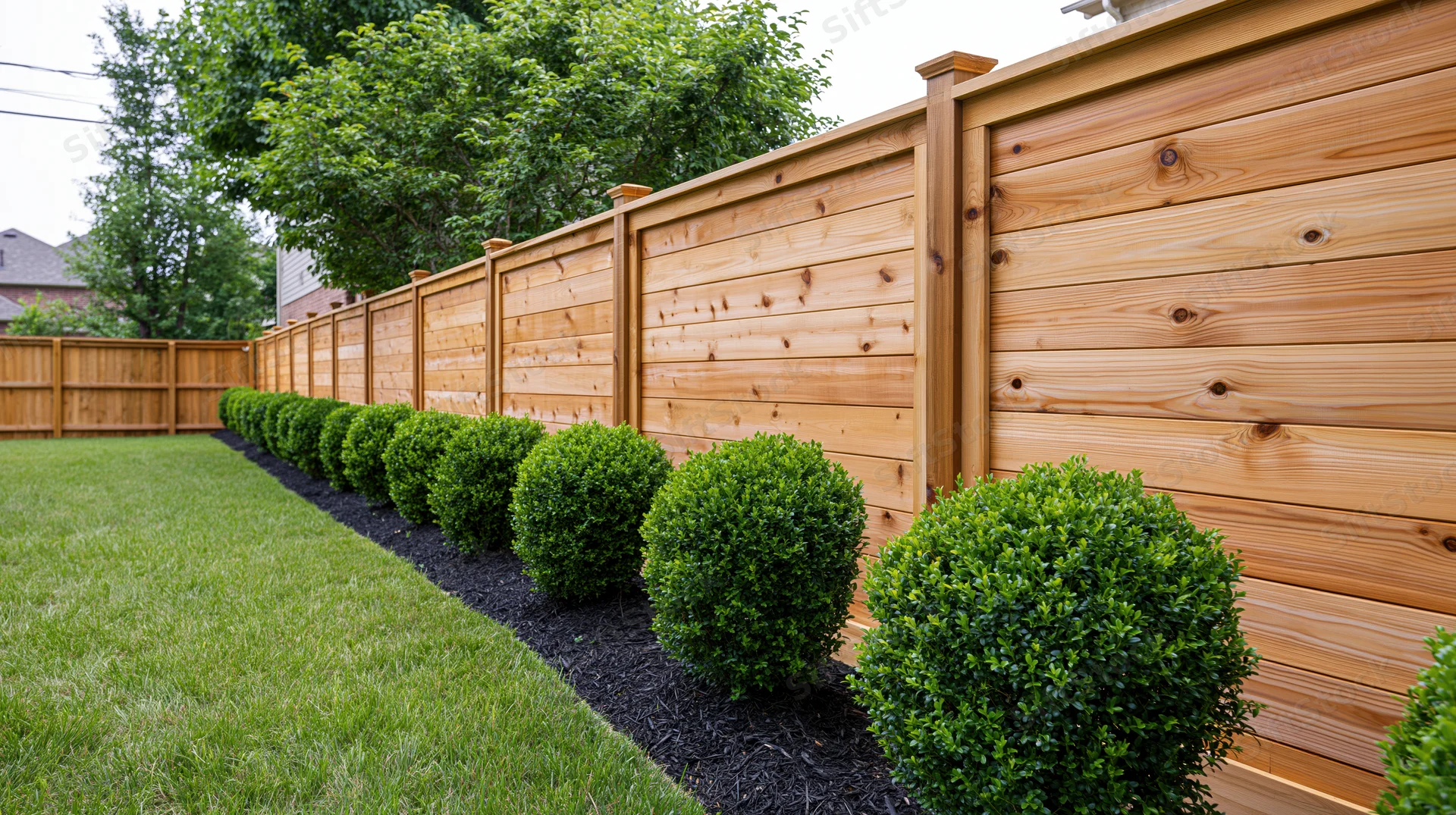 Long horizontal cedar fence with row of manicured boxwood hedges along suburban backyard lawn