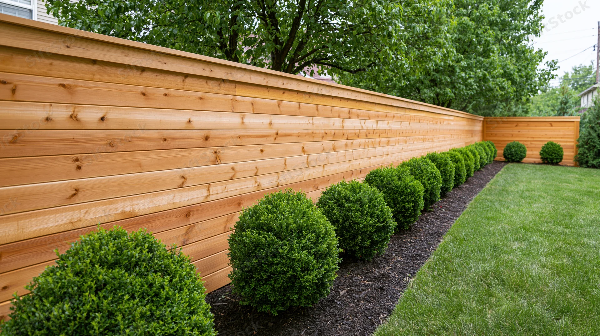 Long horizontal cedar fence with row of trimmed boxwood shrubs along suburban backyard lawn