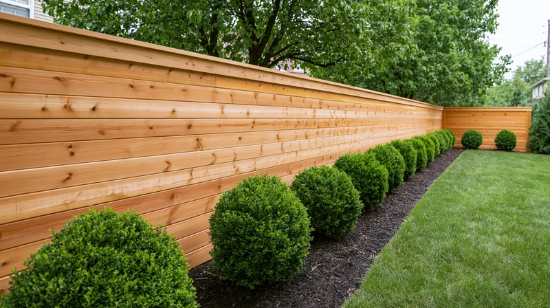 Long horizontal cedar fence with row of trimmed boxwood shrubs along suburban backyard lawn