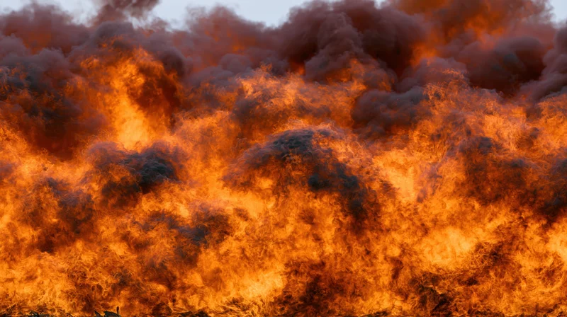 Massive wall of fire filling the frame with intense orange and black flames and smoke
