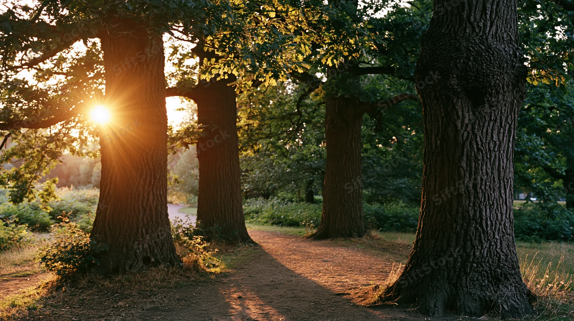 Mature oak trees lining a dirt path in an open woodland park at sunset