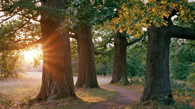 Mature oak trees lining a dirt path in an open woodland park at sunset