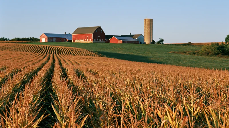 Mature cornfield stretching toward a red barn and silo in a midwestern farm complex