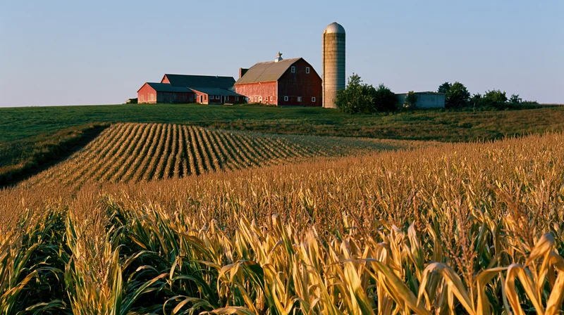 Mature cornfield stretching toward a red barn and silo on a midwestern farm at sunset