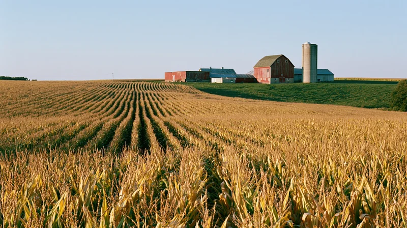 Mature cornfield stretching toward a red barn and silo on a midwestern farm
