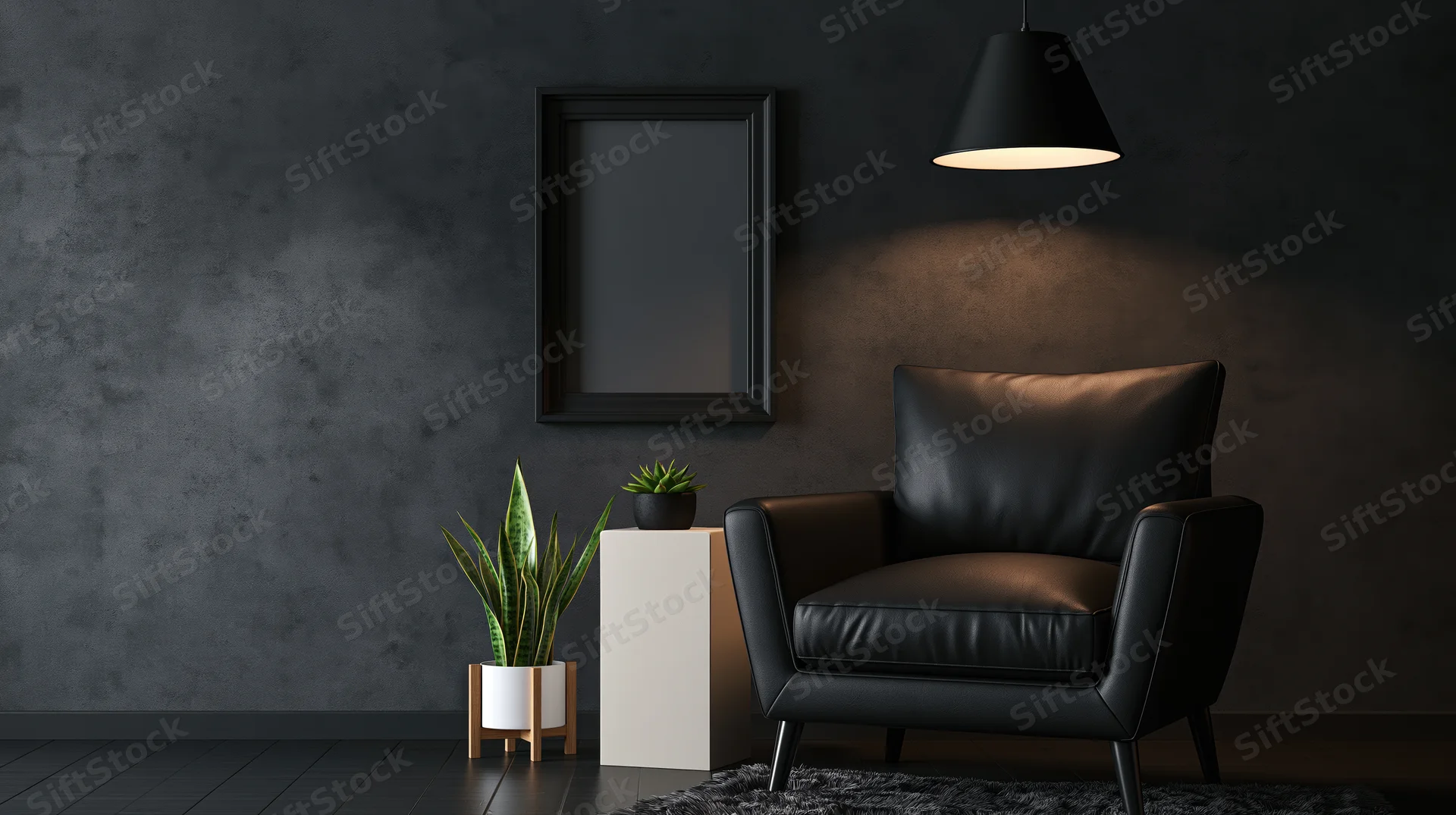 Black leather armchair in a minimalist corner with pendant light and framed mockup on dark textured wall