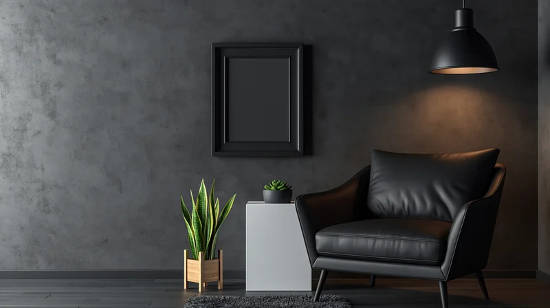 Black leather armchair in a minimalist corner with concrete wall, pendant light, and small plants on side table and floor