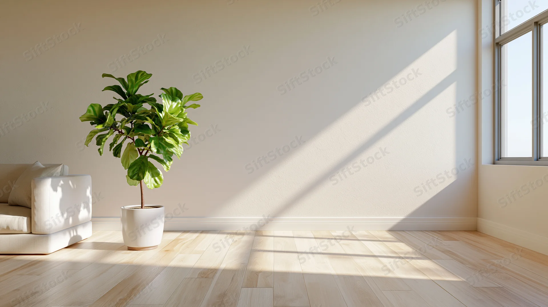 Minimalist living room with fiddle leaf fig plant in white pot near window, light wood flooring and beige walls, sunlight casting shadows
