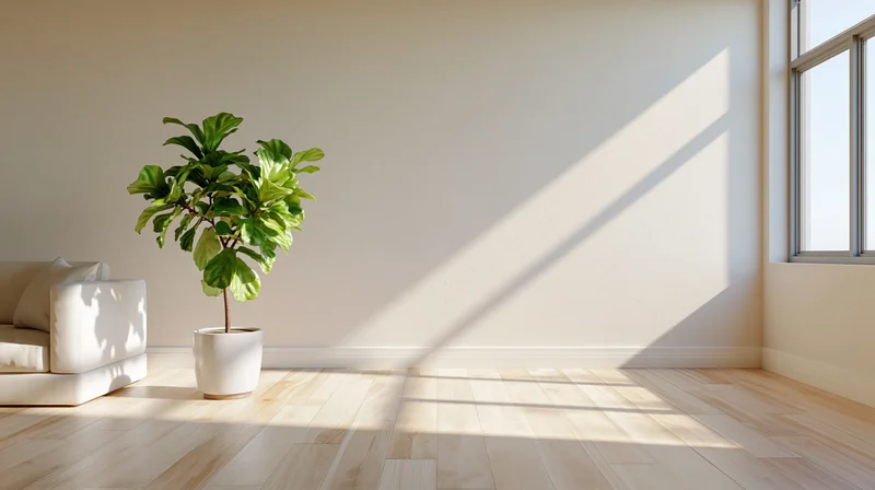 Minimalist living room with fiddle leaf fig plant in white pot near window, light wood flooring and beige walls, sunlight casting shadows