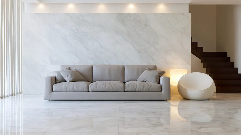 Minimalist luxury living room with grey sofa and marble walls and floor