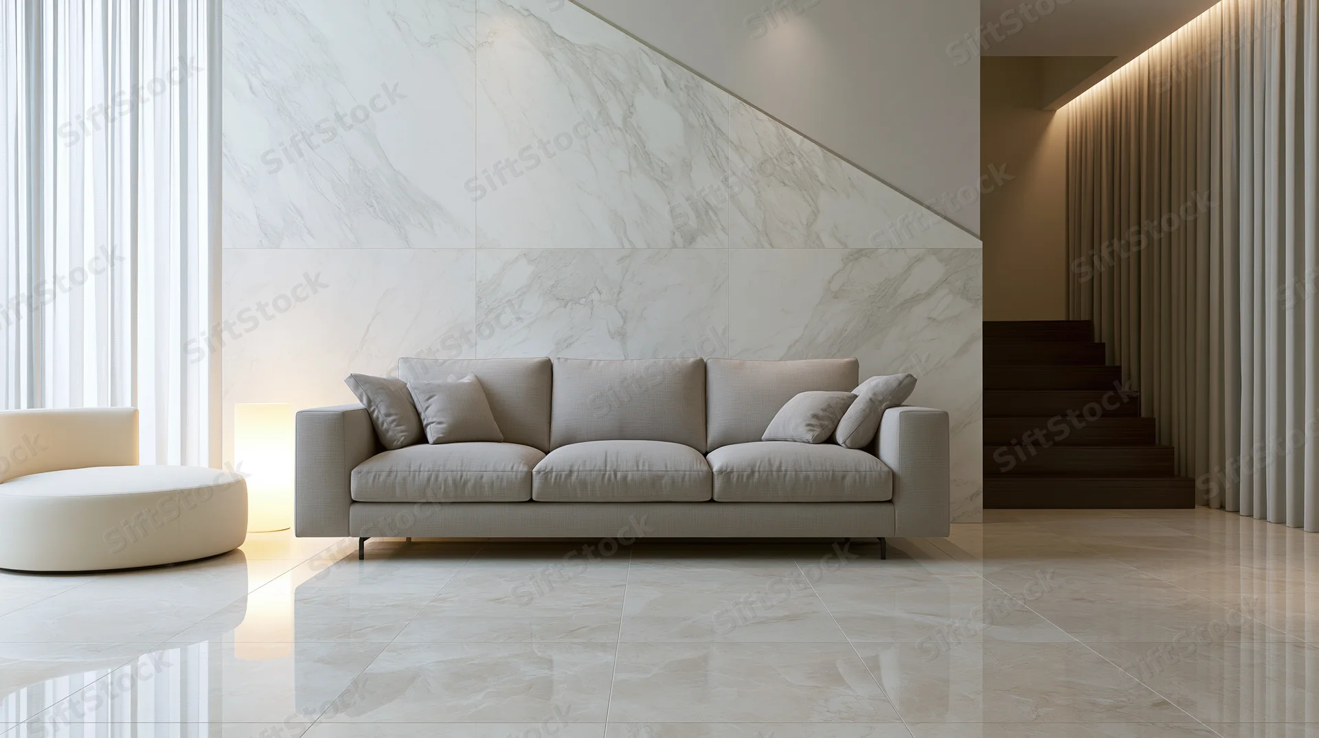 Light grey upholstered sofa in a minimalist luxury living room with marble walls and flooring