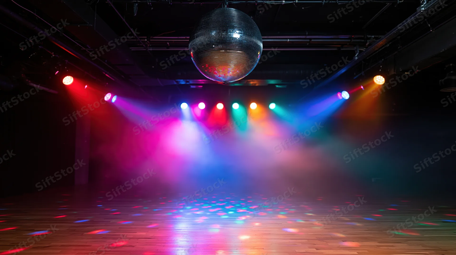 Mirror disco ball hanging from ceiling above empty dance floor with colorful spotlights and smoke